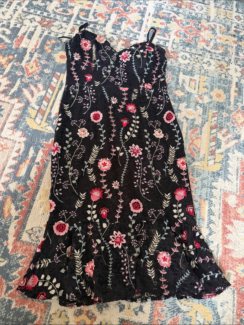 Worn only once - Siena Studio Black Embroidered Midi Dress with Pink Accents